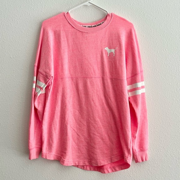 Victoria’s Secret PINK Coral Stripe Dog Logo Varsity Crew Neck Sweatshirt XS - Picture 2 of 7